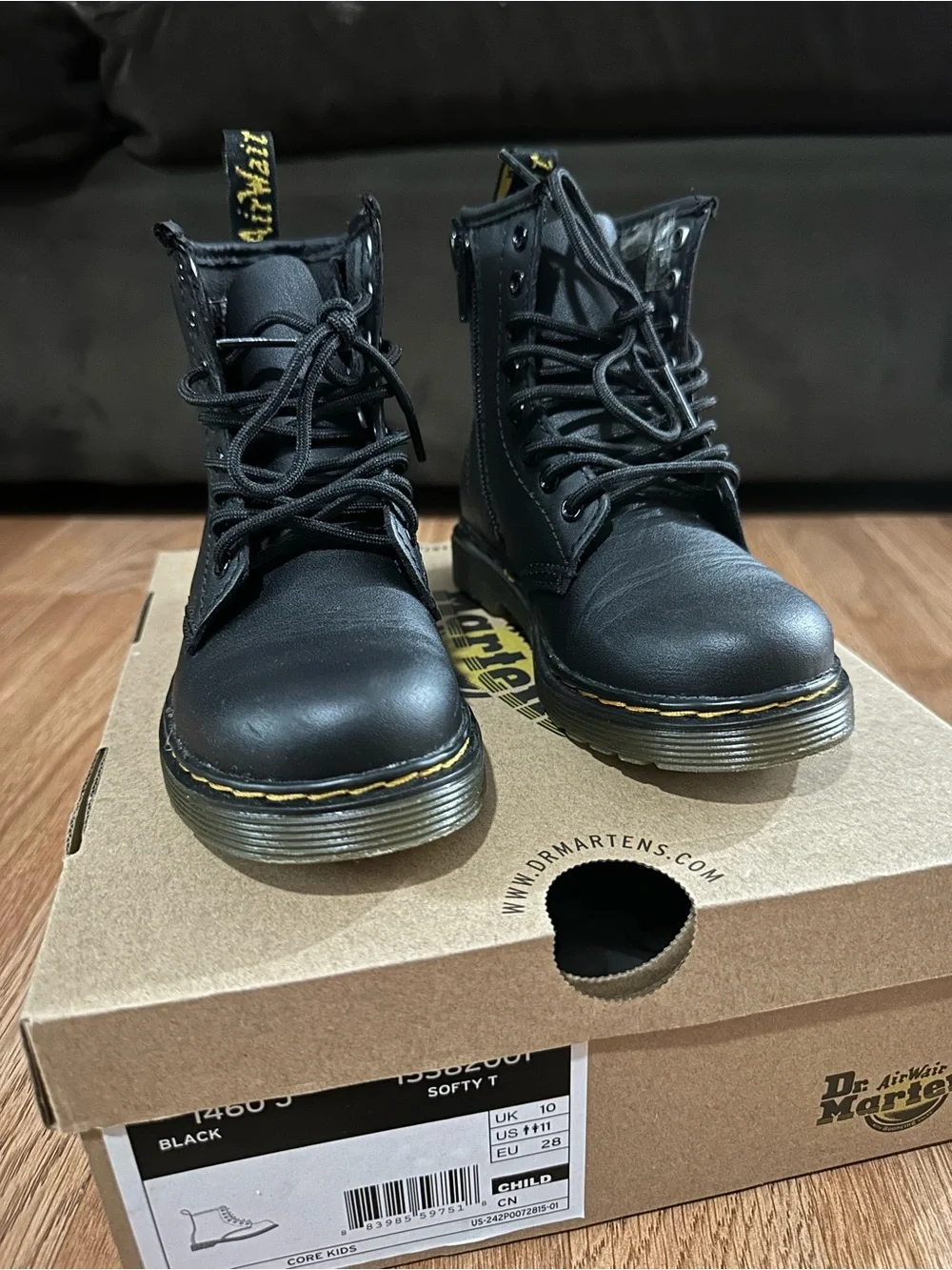 Dr. Martens Black Leather Kids Lace-Up Ankle Boots with Yellow Stitching